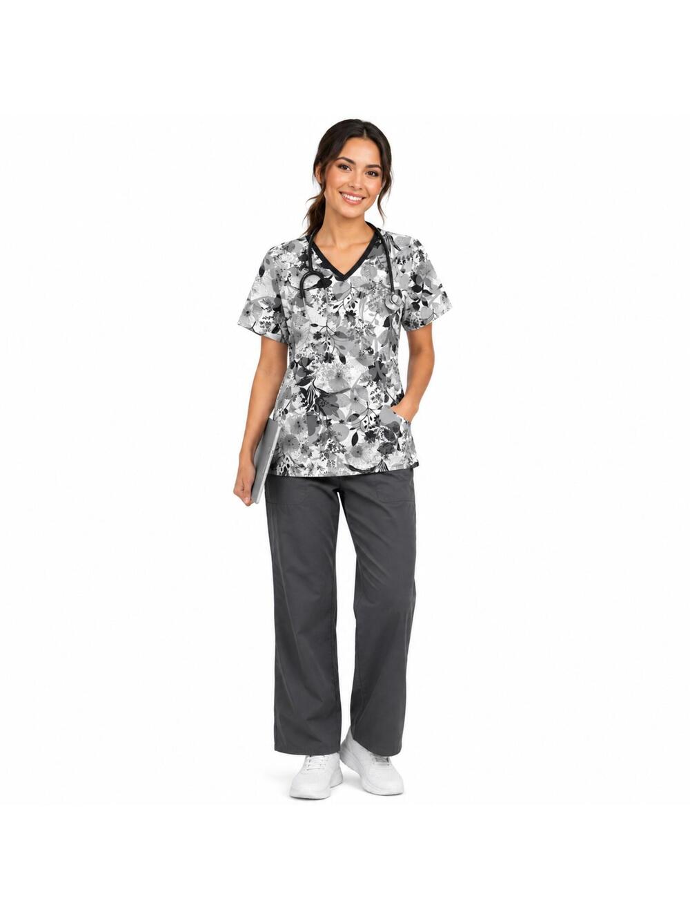 Los Angeles Rose Small Gray Floral Scrub Nurse Set